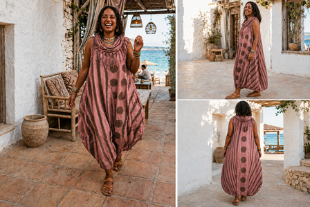 Mouwloze jurk, oud roze met unieke printdetails  