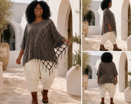 Bruine oversized tuniek met Asymmetrisch Netwerk-Detail en franjes