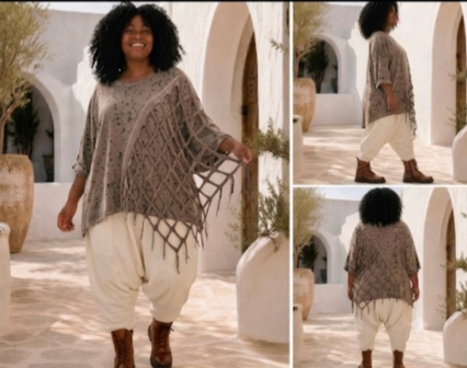 Taupe oversized tuniek met Asymmetrisch Netwerk-Detail en franjes