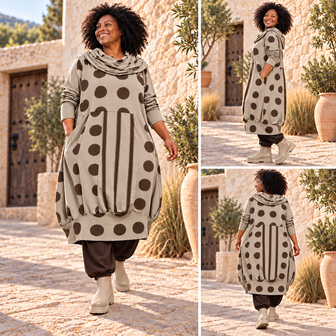 Boho Dots &ndash; Tricot Ballonjurk zand met Opengewerkte Kol