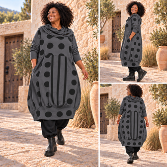 Boho Dots &ndash; Tricot Ballonjurk Grijs met Opengewerkte Kol