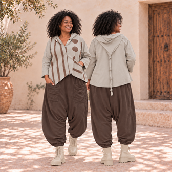 Katoenen Jasje Zand met Asymmetrische Print &amp; Puntmuts