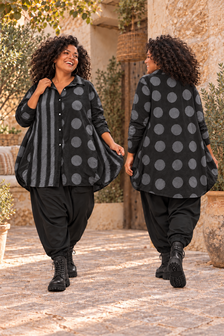 Poplin Katoenen Ballonblouse Zwart met Stippen &amp; Strepen