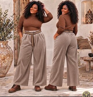 Corduroybroek-Wide-Leg Taupe Corduroy Broek met Riem