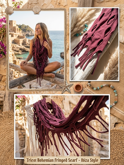 Mooie sjaal Bordeaux met franjes en openingen-tricot