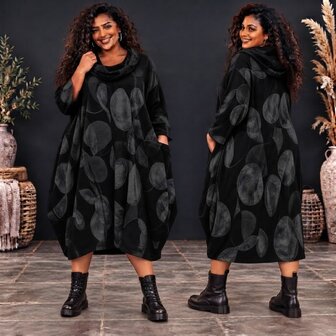 Zwarte Stijlvolle Corduroy Curvy Balloon Jurk met Botanische Print
