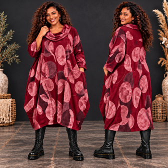 Bordeaux Stijlvolle-Corduroy-Curvy-Balloon-Jurk-met-Botanische-Print