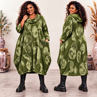 Groene -Stijlvolle Corduroy Curvy Balloon Jurk met Botanische Print