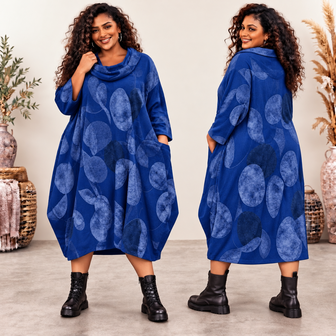 Royal Blue Stijlvolle Corduroy Curvy Balloon Jurk met Botanische Print