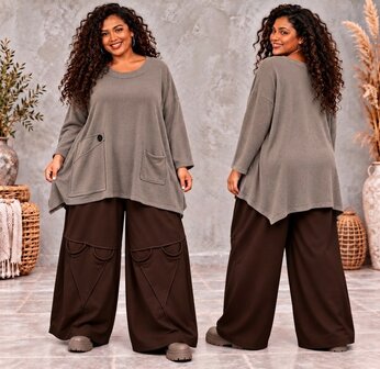 Taupe kleurige Bohemian Melange Tuniek met Zak en Knoopdetail
