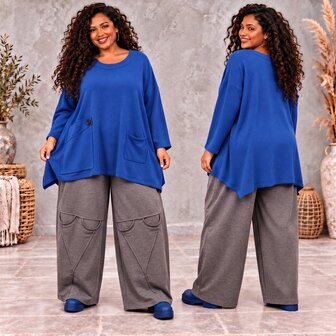 Blauw kleurige Bohemian Melange Tuniek met Zak en Knoopdetail