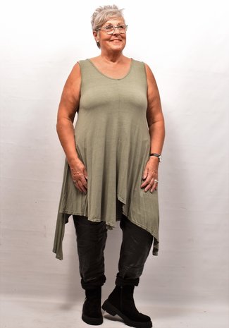 Tuniek taupe asymmetrisch,  A-lijn, zonder mouw ronde hals,