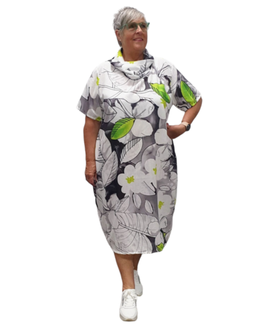  Jurk linnen wit met groene print