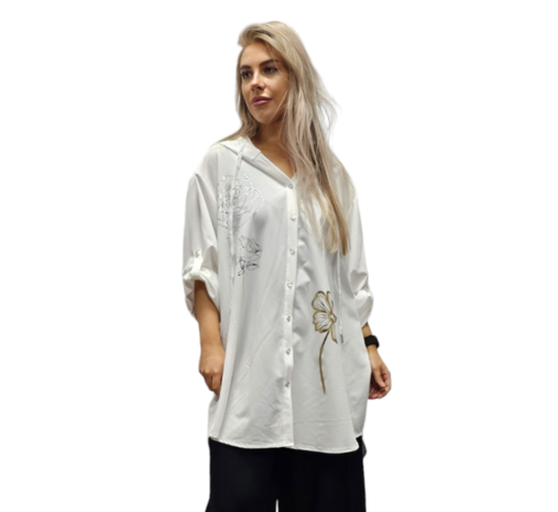 Sportieve-ruimvallende-blouse-wit met-print-en-capuchon
