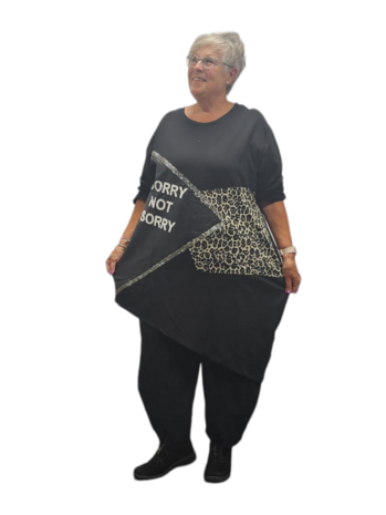 Jurk/tuniek asymmetrisch zwart met print en glitter