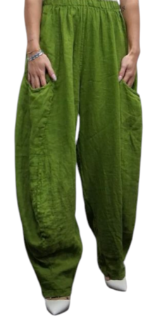 Broek limegroen met elastische taille 100% linnen