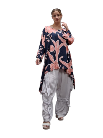 Wijde tuniek/shirt Mahio blauw/koraal