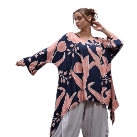 Wijde tuniek/shirt Mahio blauw/koraal