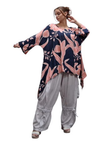 Wijde tuniek/shirt Mahio blauw/koraal