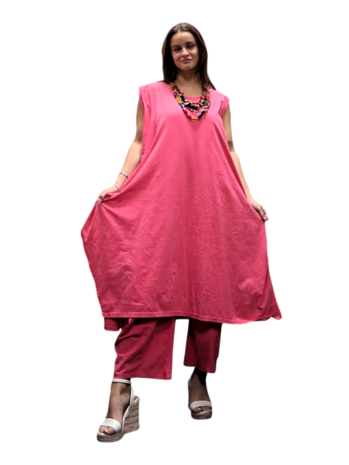 Jurk- lange roze tuniek mouwloos-tricot 