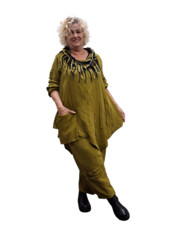 Tuniek groen met zak asymmetrisch mousseline stof
