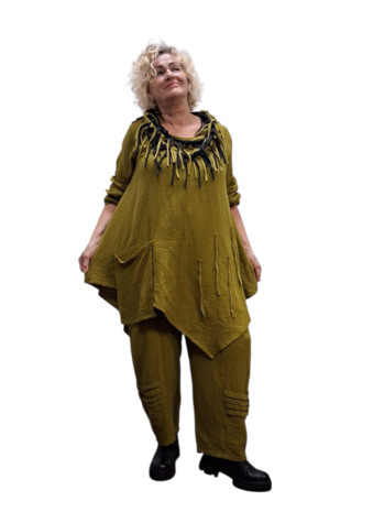 Tuniek groen met zak asymmetrisch mousseline stof
