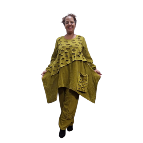 Tuniek mousseline stof asymmetrisch olijf tweelaags
