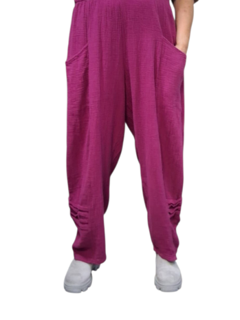 Broek rekbare taille paars mousseline stof