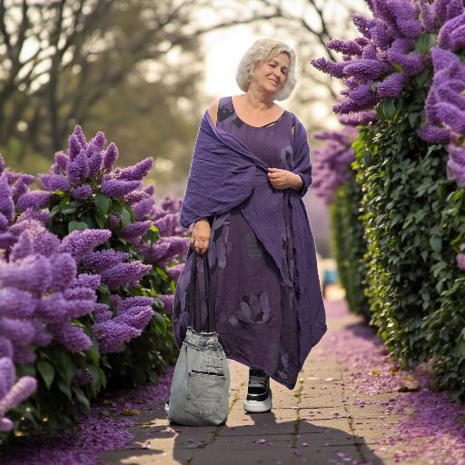 Jurk mouwloos purple met print 100% linnen
