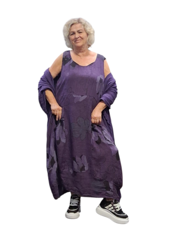 Jurk mouwloos purple met print 100% linnen