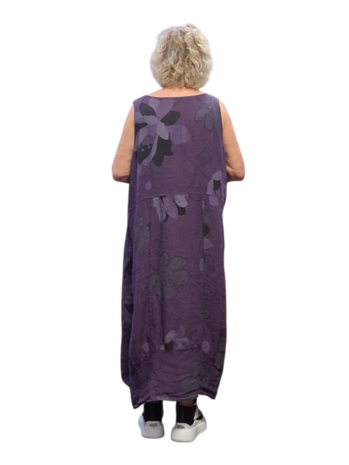 Jurk mouwloos purple met print 100% linnen