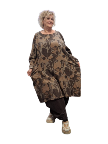 Jurk / lange tuniek taupe met print corduroy