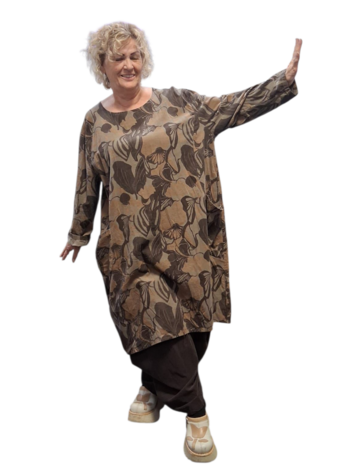 Jurk / lange tuniek taupe met print corduroy