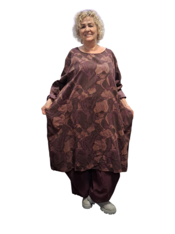 Jurk / lange tuniek aubergine met print corduroy