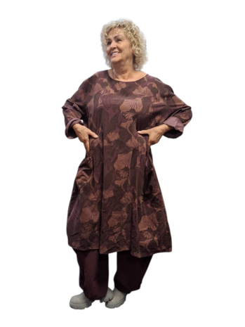 Jurk / lange tuniek aubergine met print corduroy