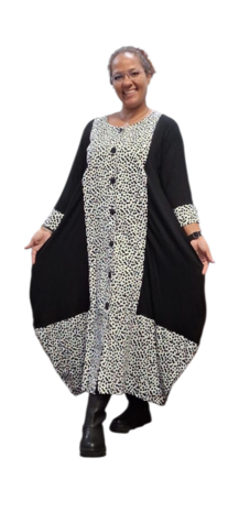 Soepel vallende jurk  lang vest in ballonvorm zwart /wit