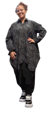 Lange blouse zwart met tule inzet in zoom 