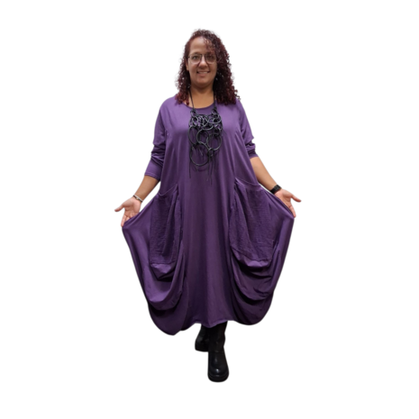 Aparte-lange jurk met grote zakken purple gedeeltelijke mousseline stof 