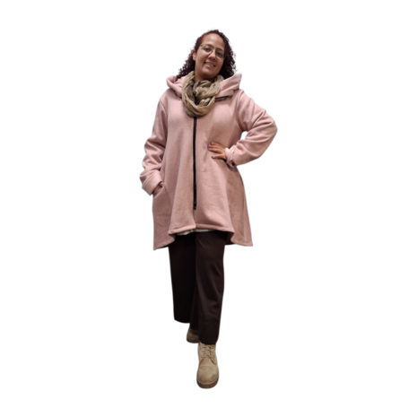 Korte tussenjas roze met capuchon ribfluweel/corduroy