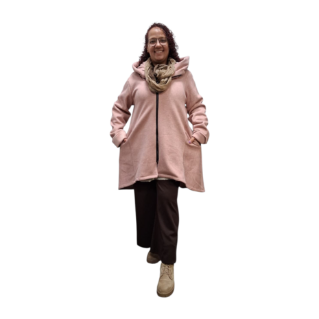 Korte tussenjas roze met capuchon ribfluweel/corduroy
