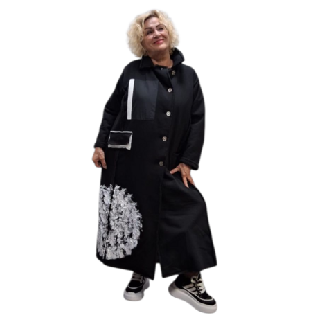 Warme mantel zwart met print