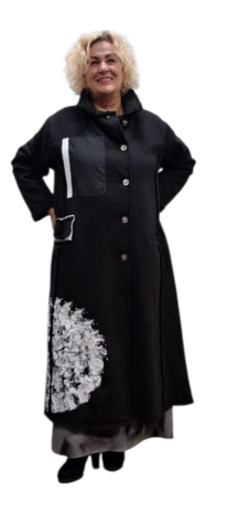 Warme mantel zwart met print