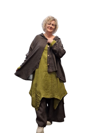 Jasje/vest bruin met puntmuts, asymmetrisch 100% linnen