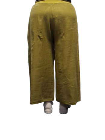 Wijde broek groen met brede rekbare tailleband 100% linnen