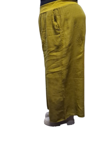 Wijde broek groen met brede rekbare tailleband 100% linnen