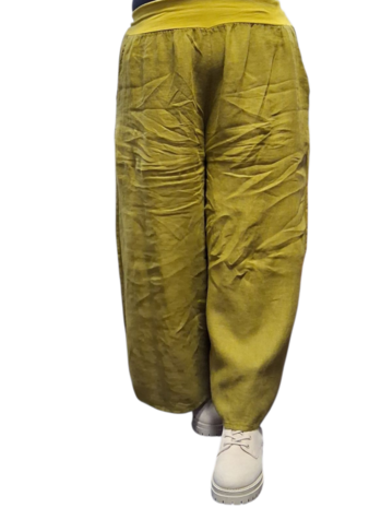 Wijde broek groen met brede rekbare tailleband 100% linnen