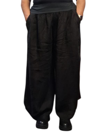 Wijde broek zwart met brede rekbare tailleband 100% linnen