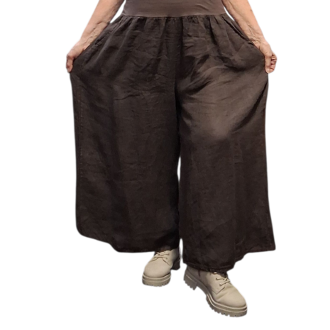 Wijde broek bruin met brede rekbare tailleband 100% linnen