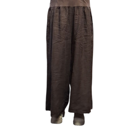 Wijde broek bruin met brede rekbare tailleband 100% linnen