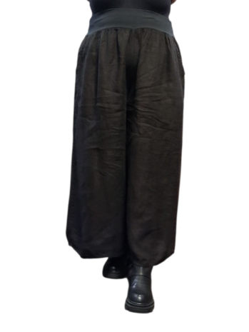 Wijde broek bruin met brede rekbare tailleband 100% linnen